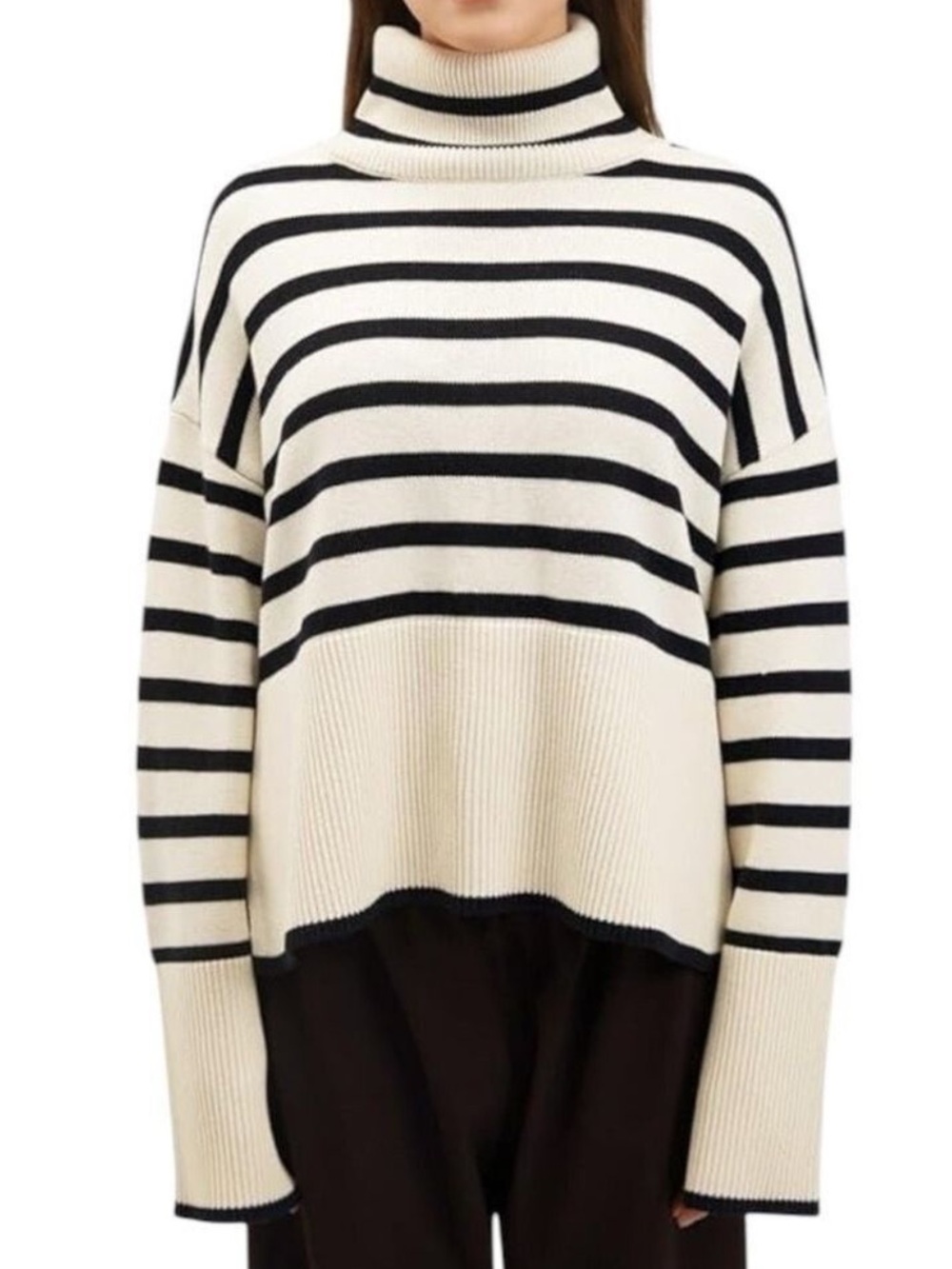 Gap 24/7 Split Hem Relaxed Fit Drop Shoulder cotton Striped Turtleneck Sweater
